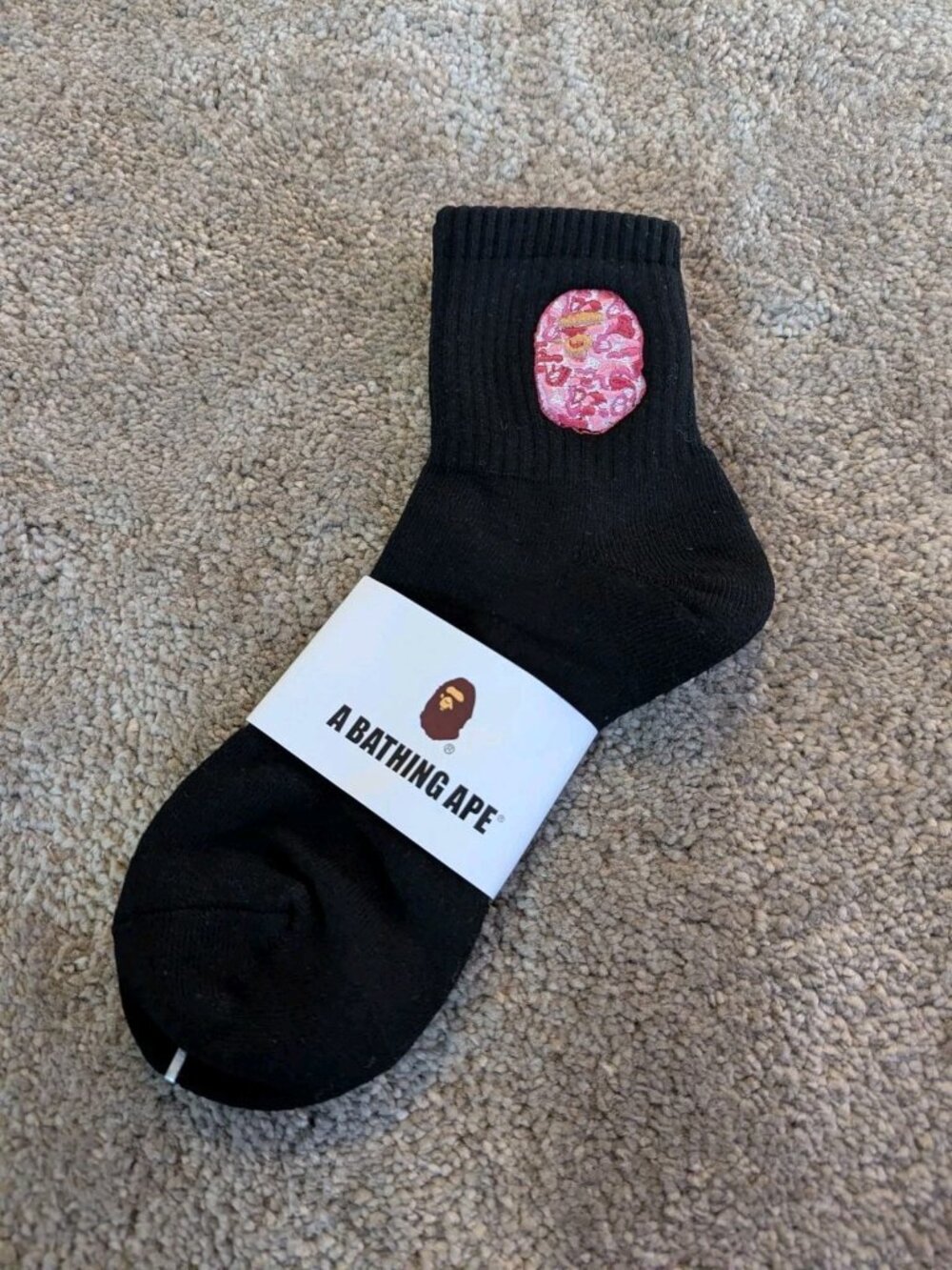 BAPE A Bathing Ape Black Crew Socks Pink Camo Ape Head Appliqué Cotton Knit New